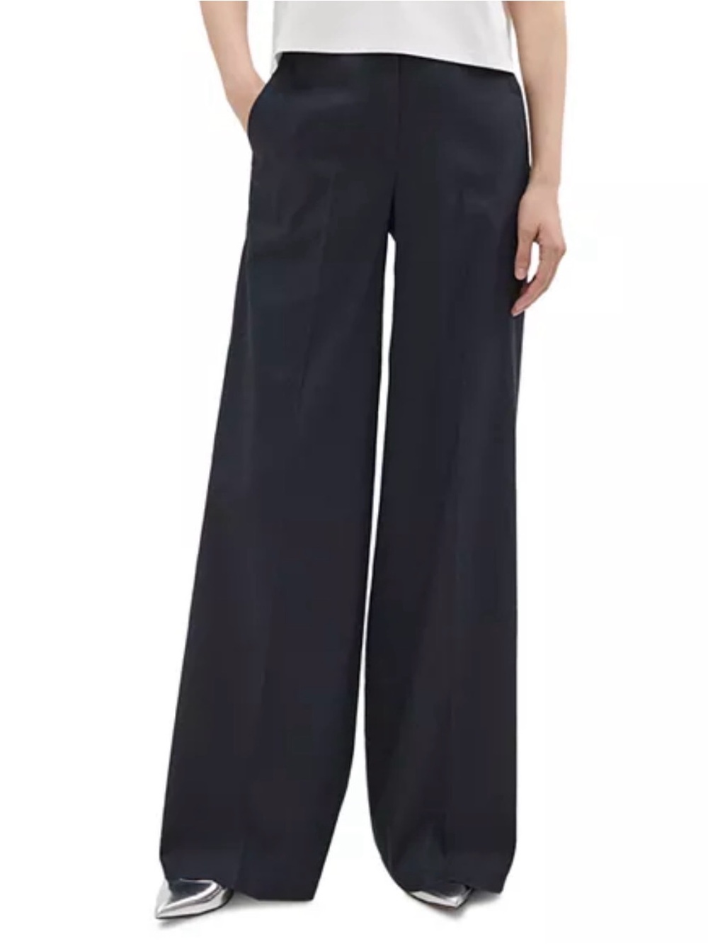 Theory Navy Wide-Leg High-Rise Silk Trousers